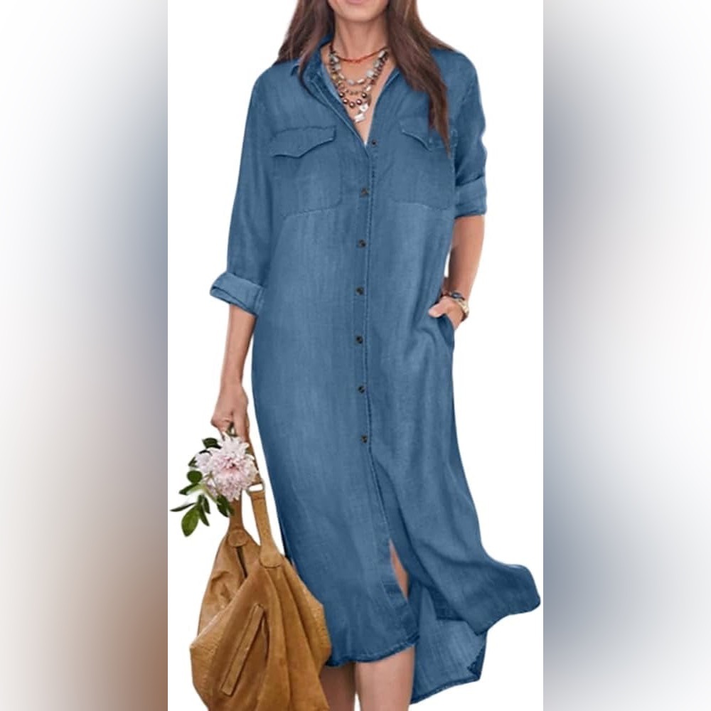Blue Chambray Denim Shirt Midi Dress